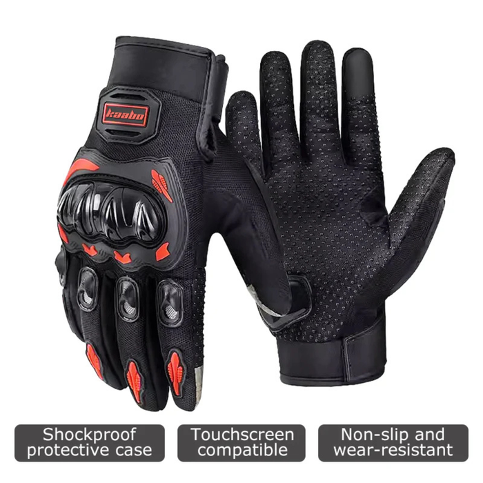 Kaabo motorcycle-grade riding gloves — shockproof knuckle armor, touchscreen-compatible fingertips, non-slip wear-resistant palms — recommended safety gear for Kaabo electric scooter riders