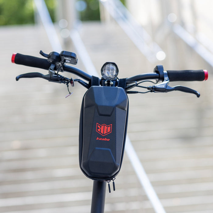 Front view of Kaabo Mantis 10 Lite electric scooter handlebars with integrated headlight and control layout