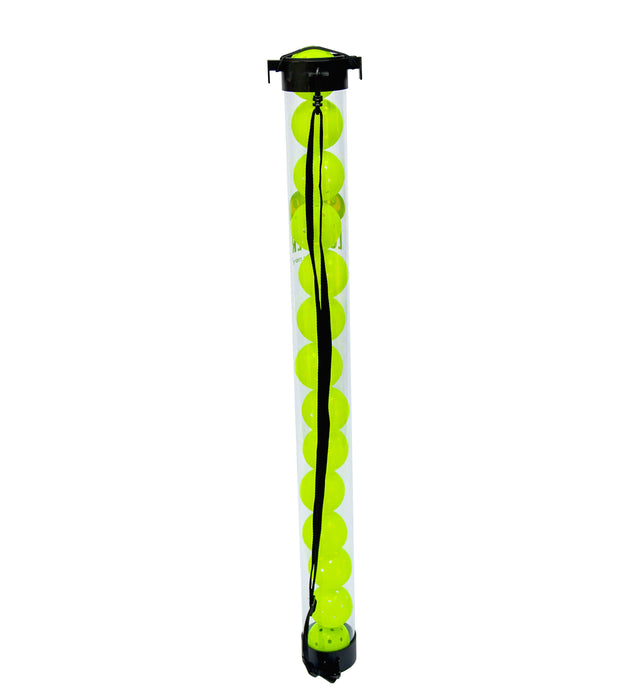 Back of Lobster ball pickup tube with pickleballs