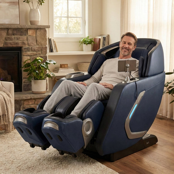 Osaki 4D+3D Bravo Duo Flex – 4D Massage Mechanism & SL massage chair upright in living-room setting