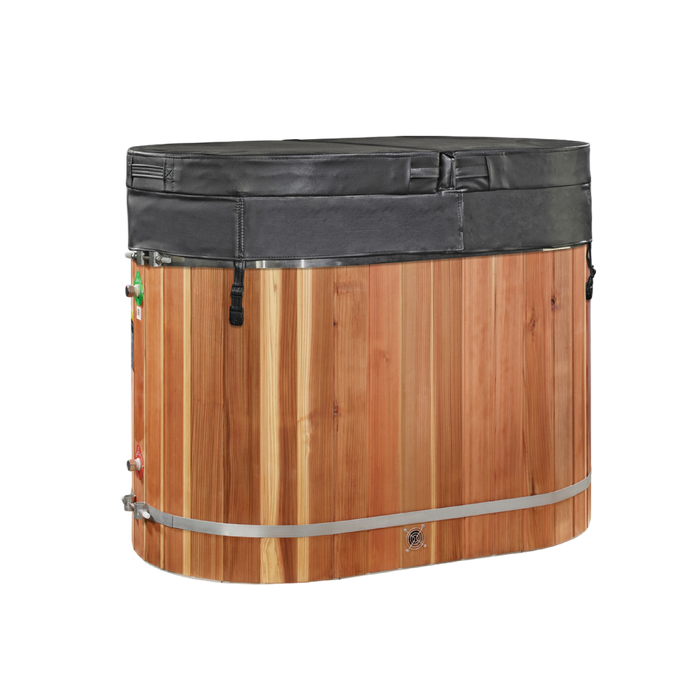 Oval barrel cold plunge in dark wood with custom safety cover closed
