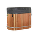 Oval barrel cold plunge in dark wood with custom safety cover closed