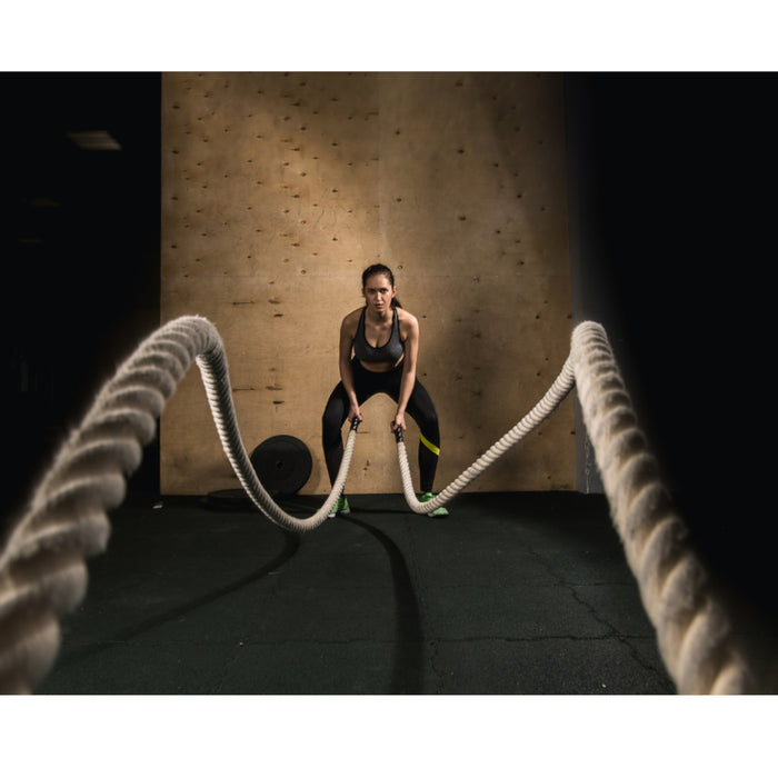 Paradigm X-BR930 30 ft battle rope - detail view showing rope ends and handles, Peak Flow Fitness