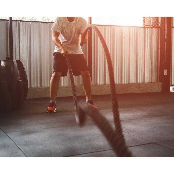 Paradigm X-BR930 30 ft battle rope - close-up detail showing full length layout, Peak Flow Fitness