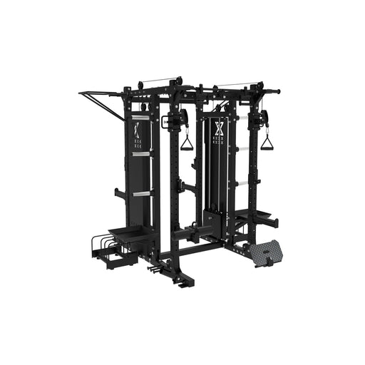 Paradigm X-HRFT2 2-Sided Half Rack and Functional Trainer - rear angle view showing the weight stacks and storage