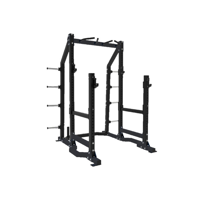Paradigm X-MPHR Multipurpose Half Rack - rear angle view with plate holders and pull-up bar
