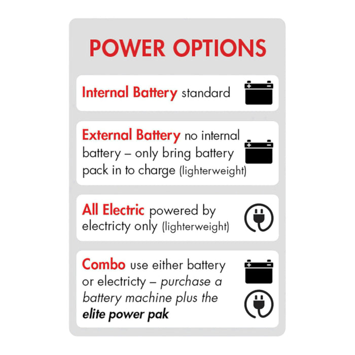 Lobster pickleball machine power options: internal battery, external battery, all-electric and combo