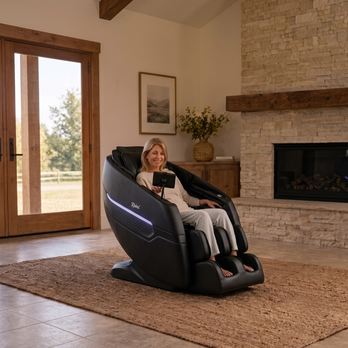 Rebel 4D massage chair relaxation session in a ranch-style home