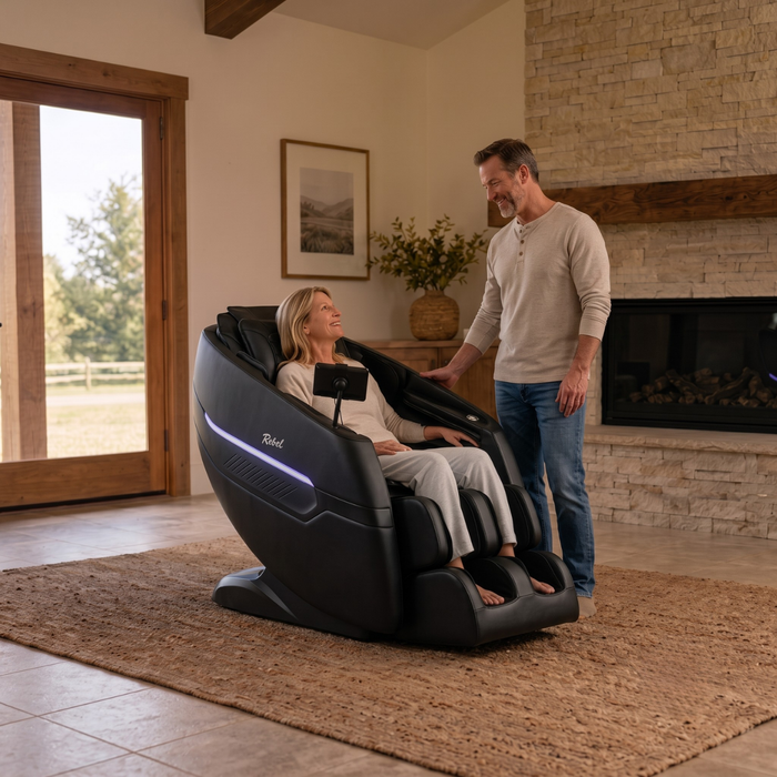 Rebel 4D massage chair tablet control in a home setting
