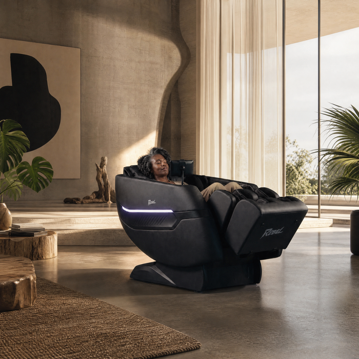Rebel 4D massage chair in zero gravity recline in a designer home