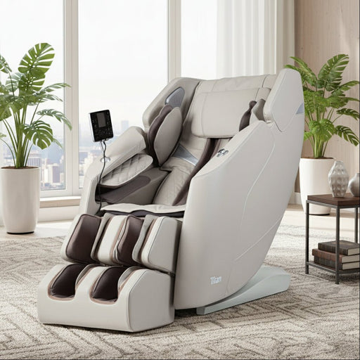 Titan Telos – 2D Massage Mechanism & SL massage chair upright in living-room setting