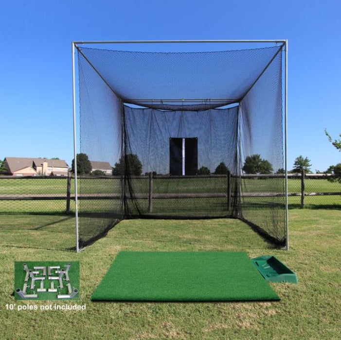 Cimarron 10x10x10 Masters Golf Net w Frame Kit, 5x5 Tee Line Golf Mat, Ball and Tray (Bundle) - GP2